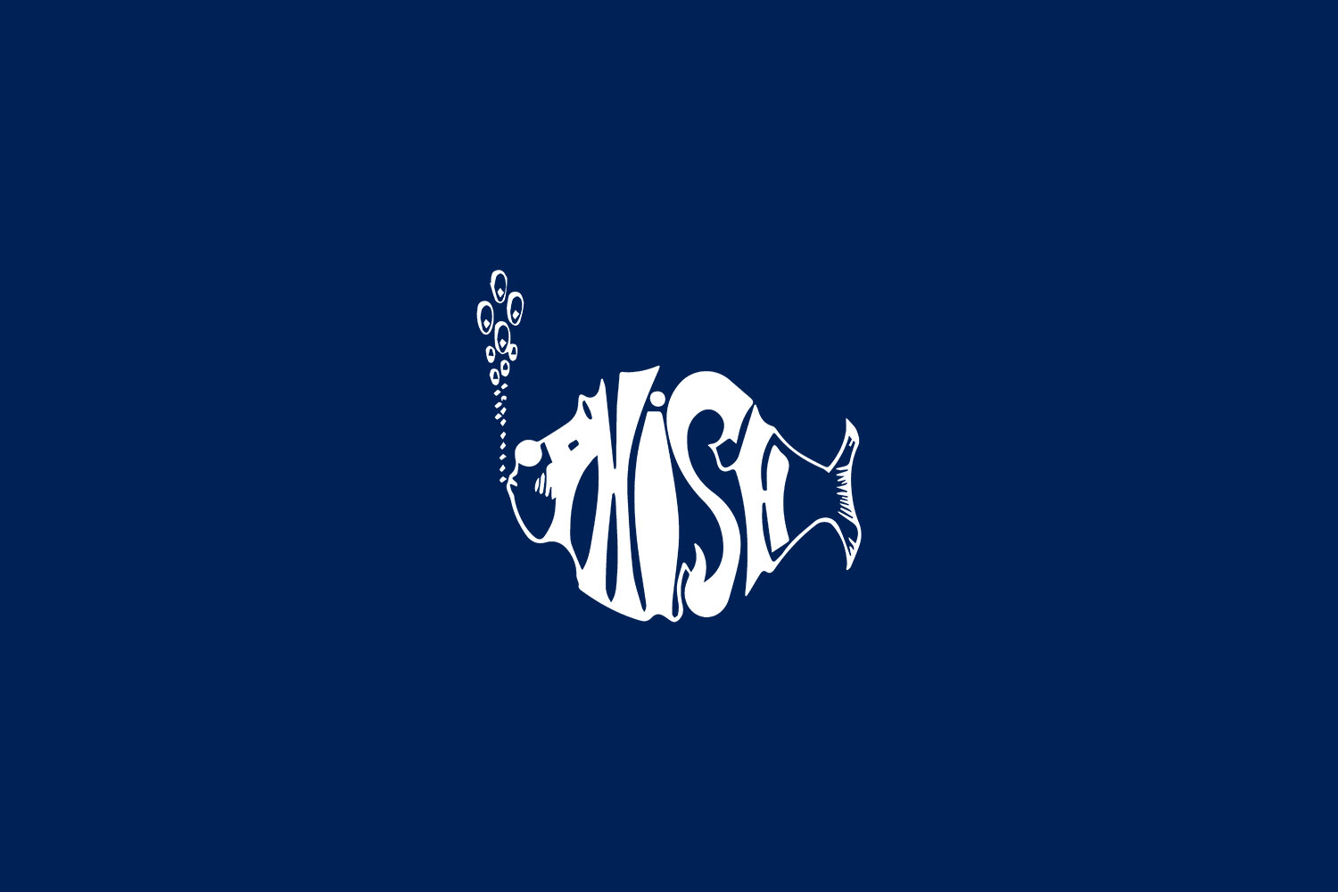 White silhouette of an anglerfish with the word "PHISH" incorporated into its body design, set against a deep blue background with small bubbles above the fish's lure.