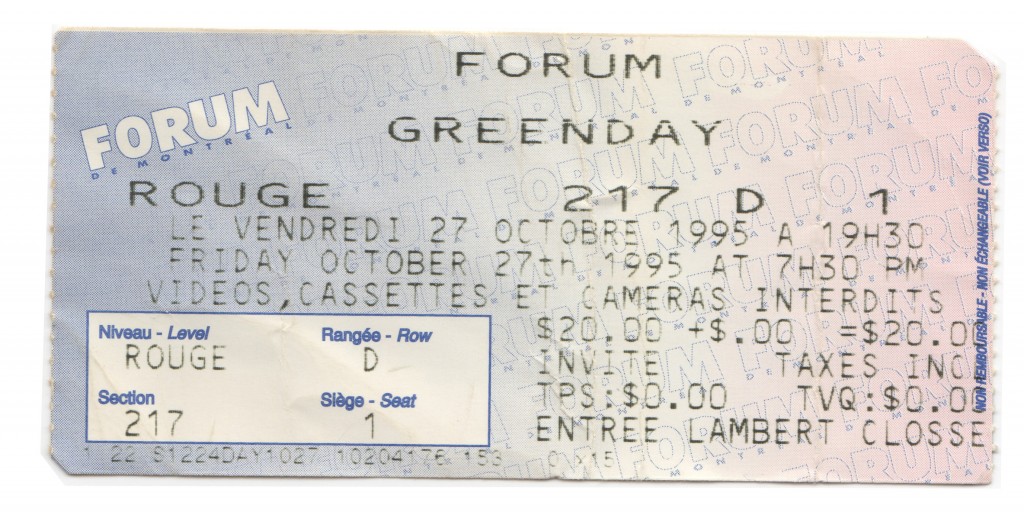 Green Day Ticket, October 27, 1995: Montreal, QC