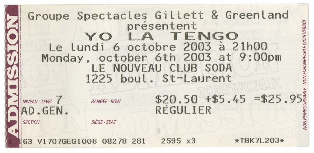 Ticket - Yo La Tengo, Club Soda, Montreal, QC