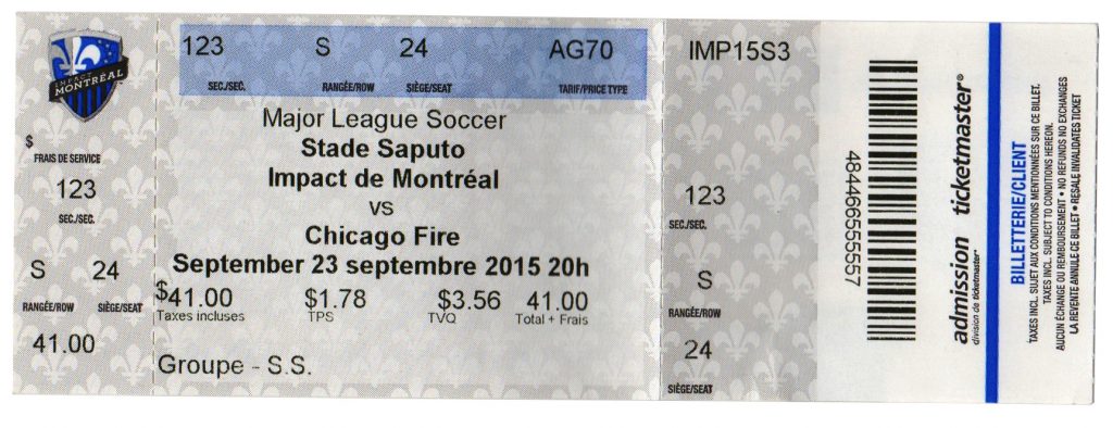 Montreal Impact Ticket, September 23, 2015