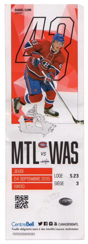 Montreal Canadiens Ticket, September 24, 2015