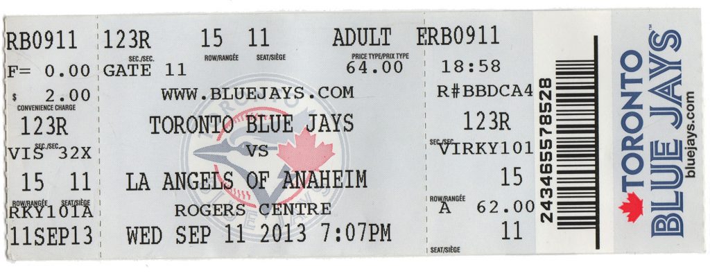 Blue Jays Ticket, September 11, 2013