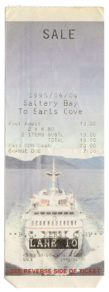 Ferry Ticket to Earls Cove, BC, June 4, 1995