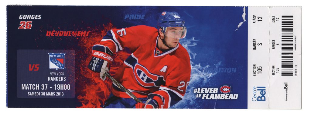 Montreal Canadiens Ticket, March 30, 2013