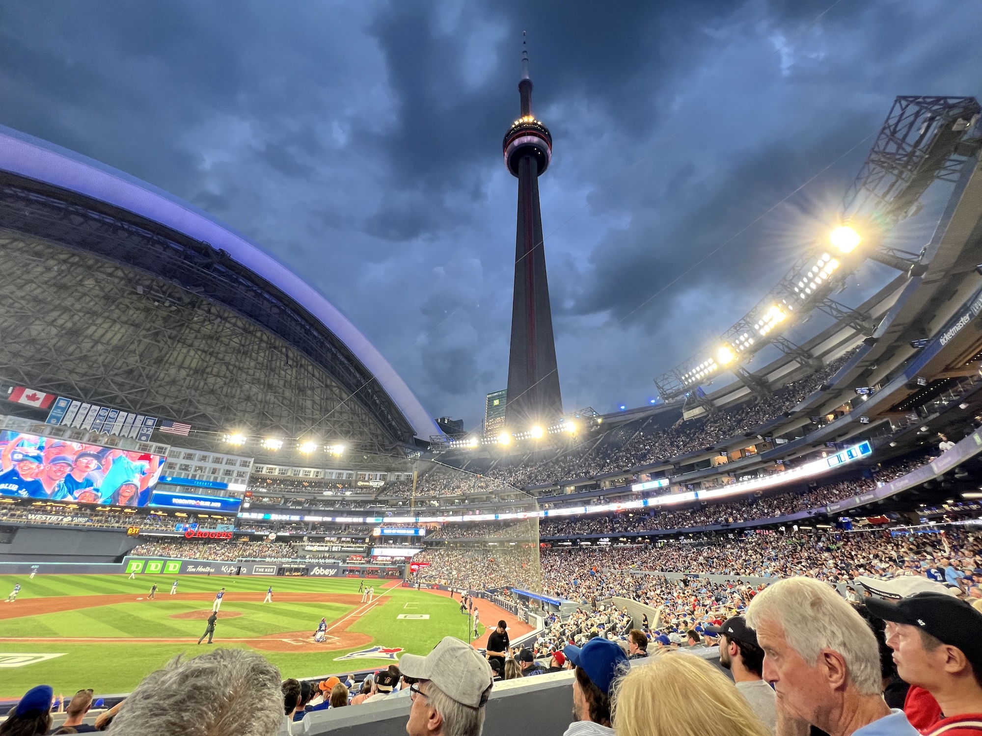 CN Tower view from an open roof at the Rogers Centre
