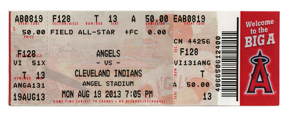 Baseball ticket for Angels vs Cleveland Indians game at Angel Stadium on Monday August 19, 2013 at 7:05 PM, showing field level all-star seating for $50.00 with red Angels logo on the right side.