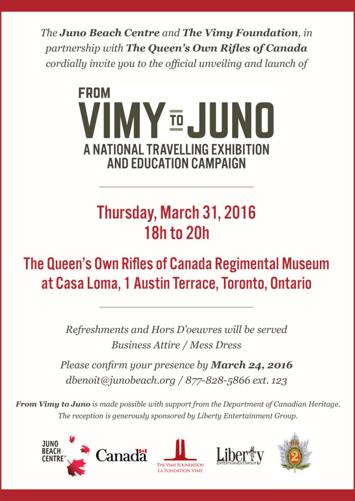 Formal invitation for the "From Vimy to Juno" traveling exhibition launch event on March 31, 2016 at The Queen's Own Rifles of Canada Regimental Museum in Toronto, featuring red and beige color scheme with organizational logos at the bottom.
